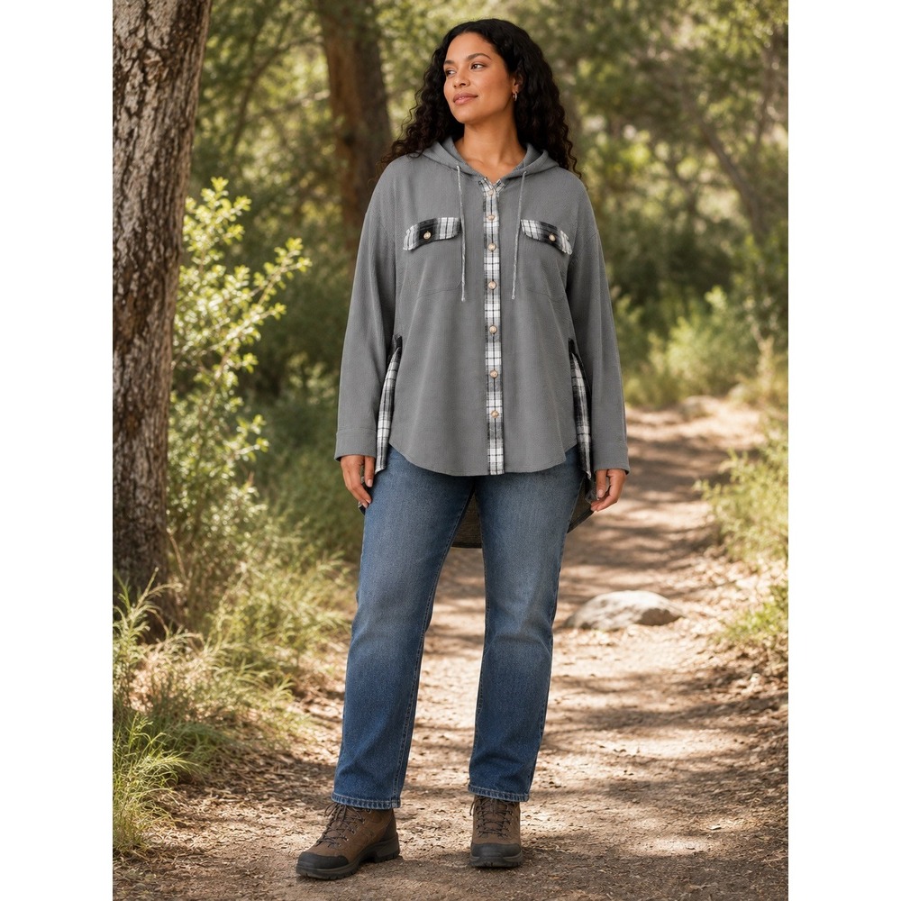 Grey Waffle Knit Plaid Trim Hooded Button Down Shacket Top 2XL